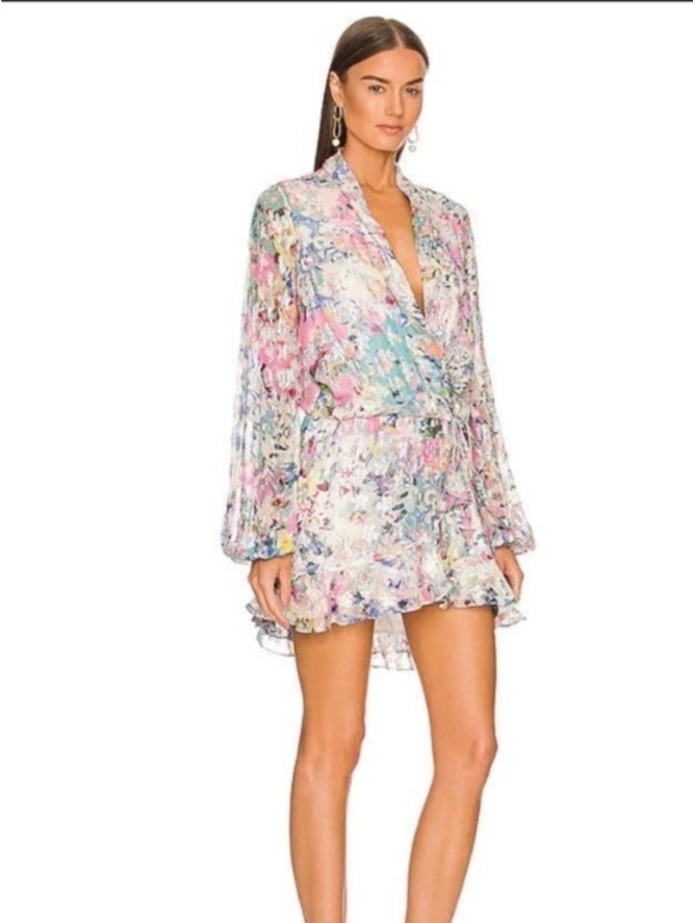 Rococo Sand Silver Multicolor Metallic Floral Mini Wrap Dress Size XS